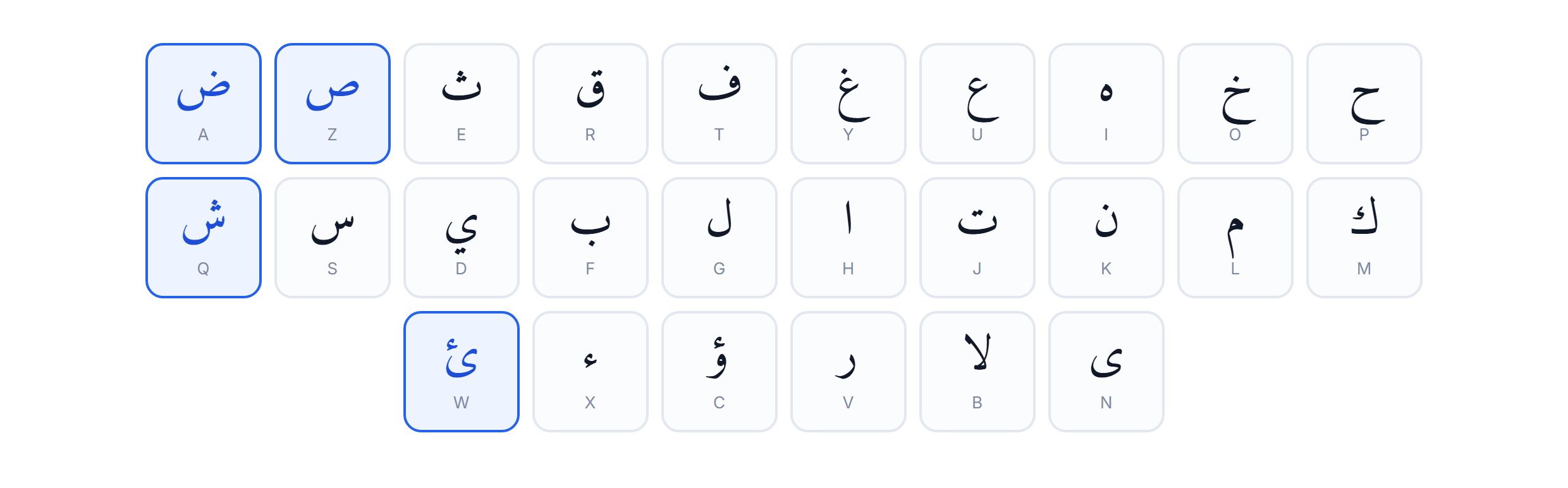 The AZERTY variant of the Arabic keyboard layout used in France and the Maghreb