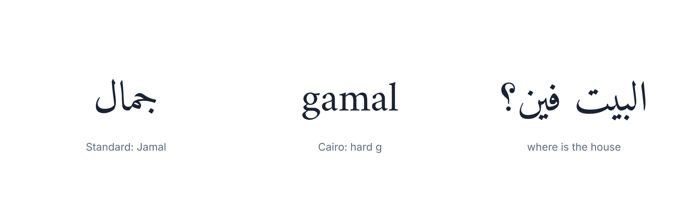 Arabic dialects: the letter jim pronounced as a hard g in Egyptian Arabic compared with standard Arabic
