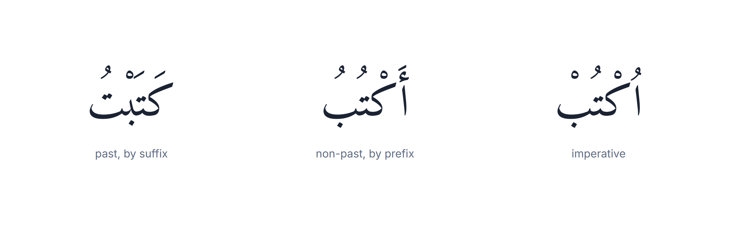 Arabic grammar rules: form I of kataba conjugated across past and non-past, showing suffixes on one and prefixes on the other