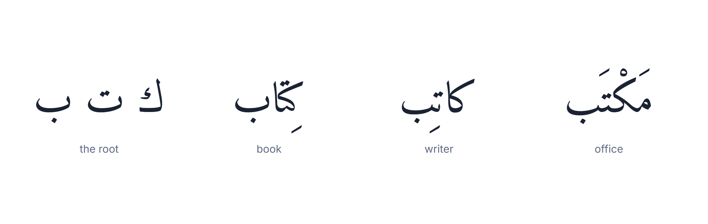 Arabic grammar rules: the three-letter root k-t-b expanding into writer, book, office and library