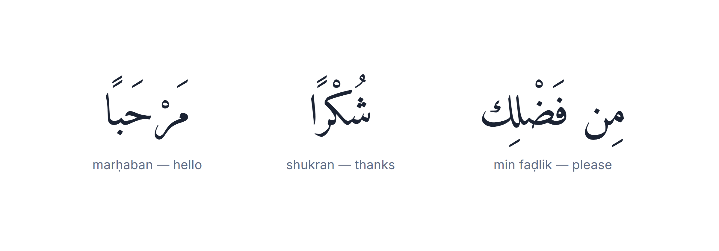 Three common Arabic phrases — hello, thank you and please — written with full harakat